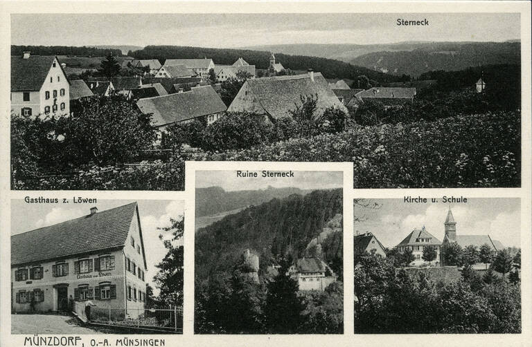 Historische Ansichtskarte mit Schwarzweißfotografien von Hayingen-Münzdorf. Abgebildet und beschriftet sind Sterneck und die dazugehörige Ruine Sterneck, sowie Gasthof, Schule und Kirche von Münzdorf., 