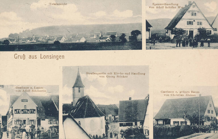 Historische Schwarzweißfotografie von St. Johann-Lonsingen mit fünf unterschiedlichen Ansichten. Zu erkennen sind eine Totalansicht, eine Spezereihandlung, zwei Gasthäuser sowie eine Straßenpartie mit Kirche und Handlung.