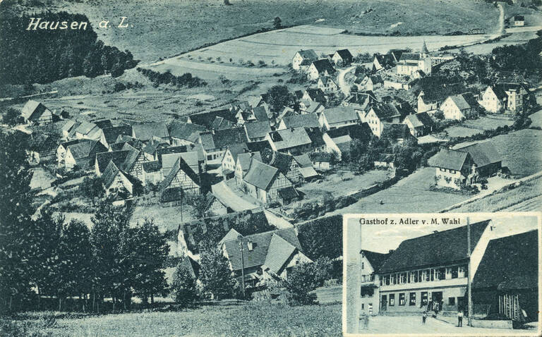 Historische Schwarz-weiß-Fotografie von Trochtelfingen-Hausen. Auf dem Foto ist ein weiteres kleines Foto von einem Gasthof.